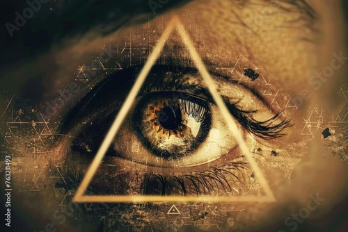 Mysterious eye with esoteric symbols overlay - A human eye overlaid with esoteric, mystical symbols, triangles, and geometric patterns evoking a sense of mystery and the occult photo