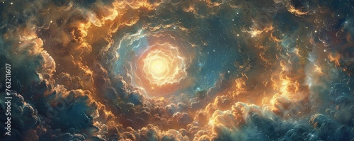 Spiral galaxy in vibrant space clouds - An artistic rendition of a glowing spiral galaxy surrounded by vibrant, swirling space clouds