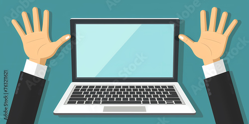 Cartoon Character Businessman Hands Sticking Out The Laptop Screen - A Sunset Over A River