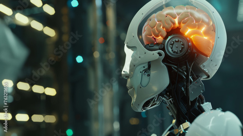 A conceptual AI brain in a robot head, glowing with knowledge.