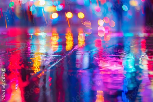 Vibrant Neon Lights Reflection on Wet Street, Night Cityscape