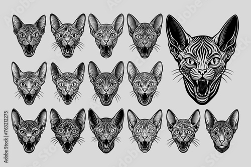 Flat engraving meowing sphynx cat head silhouette design set