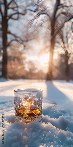 Mobile vertical wallpaper photograph of a whisky glass on a snowy park in winter. Sunshine. Story post.