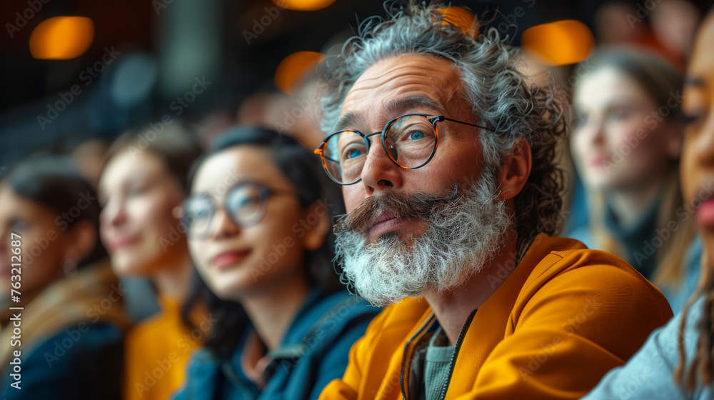 Obraz premium A man with a beard and glasses is sitting in a crowd of people. diverse group of students and educators from different cultures in a lecture hall, Modern university lecture delivering an AI-focused