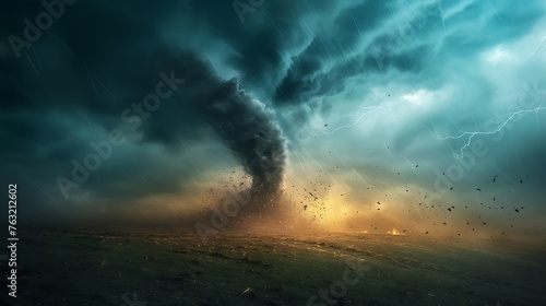 Tornado In Stormy Landscape - Climate Change And Natural Disaster Concept