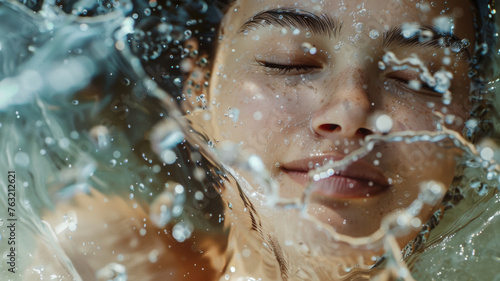 A tranquil face submerged in water, surrounded by a ballet of air bubbles.
