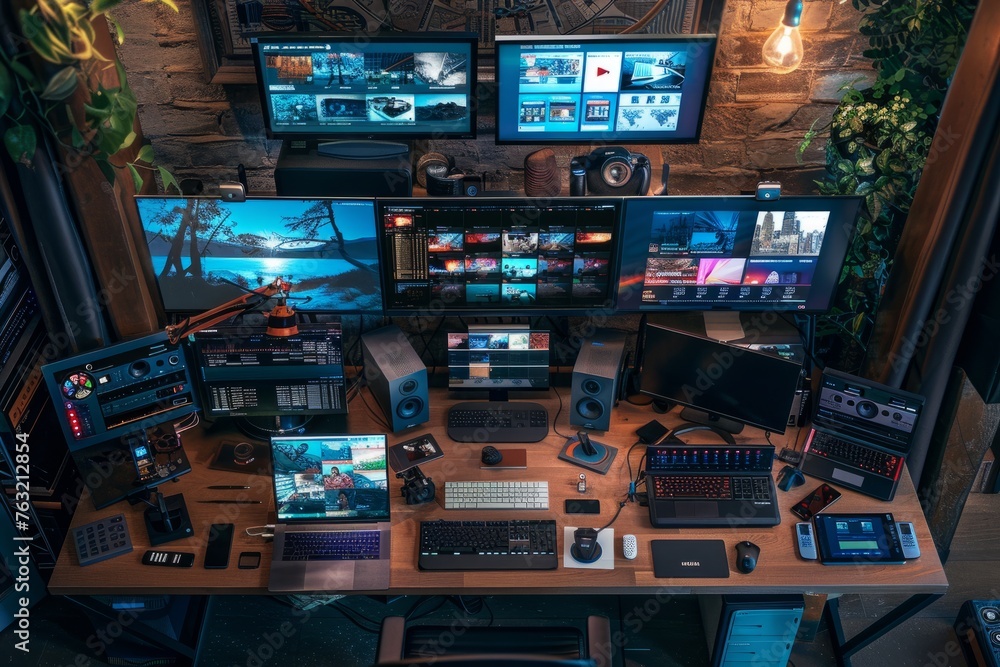 Overhead View of a High-Tech Desk with Streaming Options