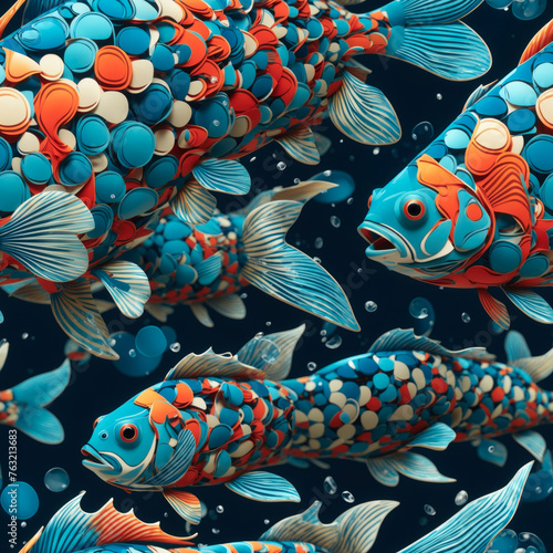 Seamless vector pattern background with colorful handmade fishes - traditional Japanese style