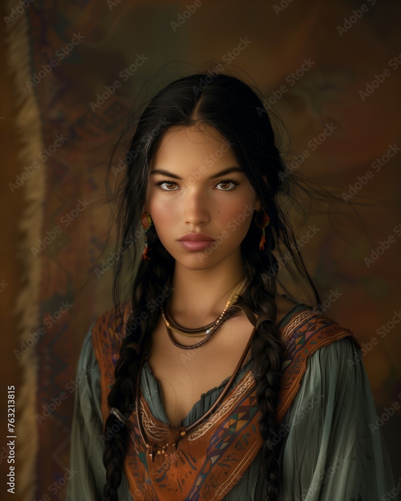 Fototapeta premium Image of Pocahontas in her classic depiction, native american girl belonging to the Powhatan tribe around 1615.