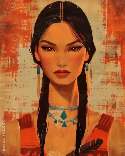 Image of Pocahontas in her classic depiction, native american girl belonging to the Powhatan tribe around 1615. photo