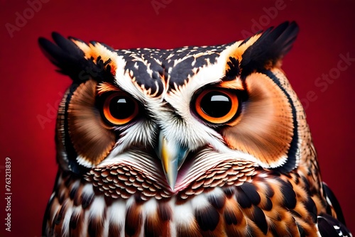 portrait of surprised owl, isolated on red background © Ateeq