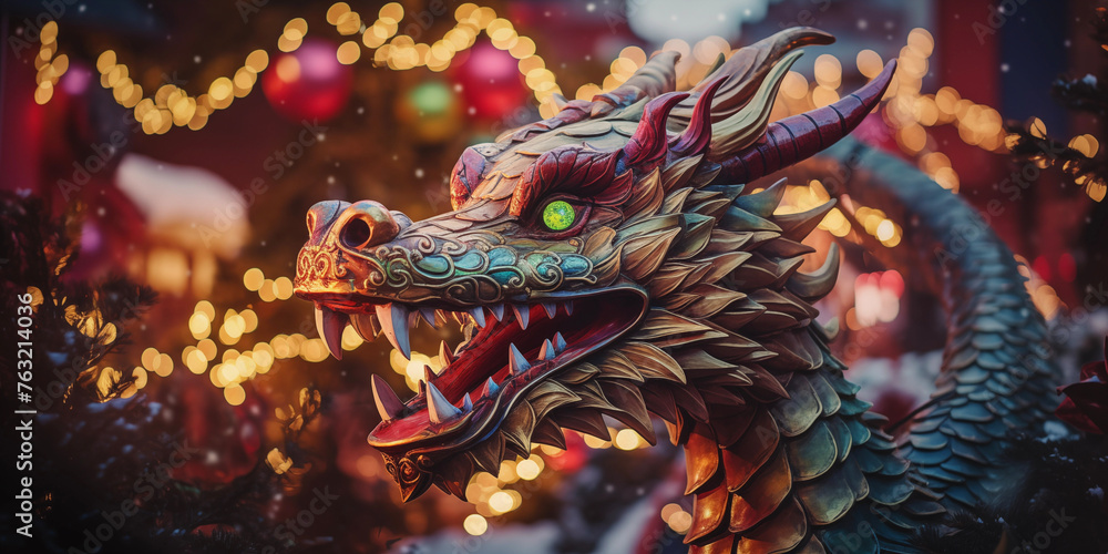 Christmas dragon background. Christmas card template. Happy New year backdrop. Horoscope, calendar.
