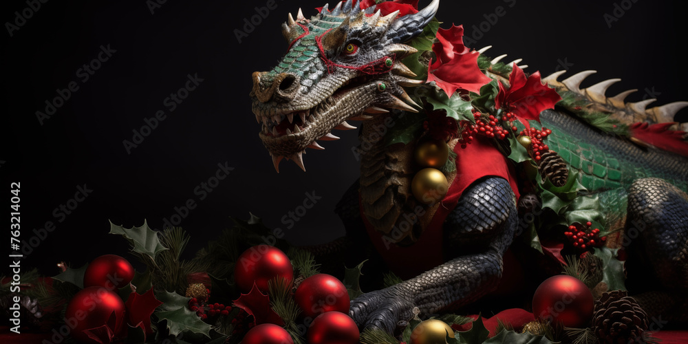 Fototapeta premium Christmas dragon background. Christmas card template. Happy New year backdrop. Horoscope, calendar.