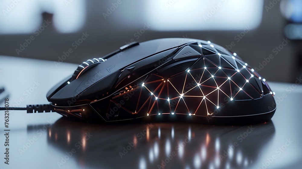 imagine an AI representation of a high-tech black mouse adorned with geometric patterns and customizable RGB lighting - obrazy, fototapety, plakaty 