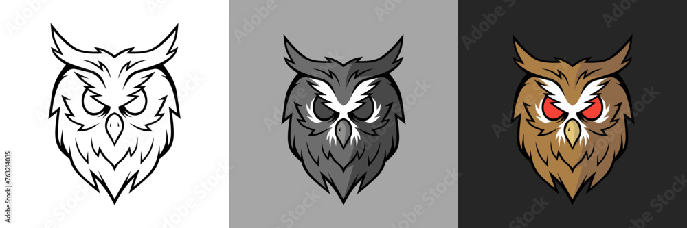Owl Head Vector Set, Line Art, BW, Color, Illustration