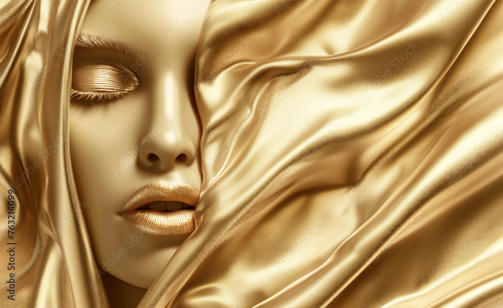 Golden Elegance: Fashionable Woman's Portrait in Metal and Silk Golden Elegance: Fashionable Woman's Portrait in Metal and Silk