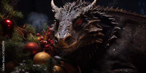 Christmas dragon background. Christmas card template. Happy New year backdrop. Horoscope, calendar. © Aleksandr