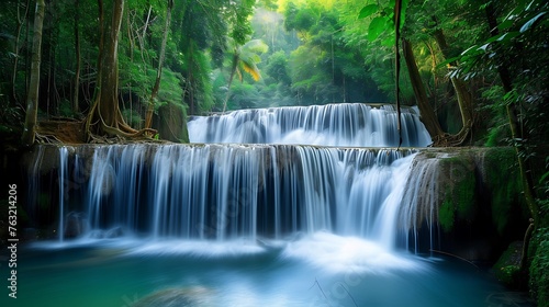 the mesmerizing sights and sounds of a panoramic  beautiful deep forest waterfall in Thailand  capturing the essence of its lush green surroundings and the soothing melody of cascading water