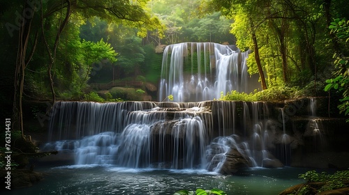 the mesmerizing sights and sounds of a panoramic  beautiful deep forest waterfall in Thailand  capturing the essence of its lush green surroundings and the soothing melody of cascading water