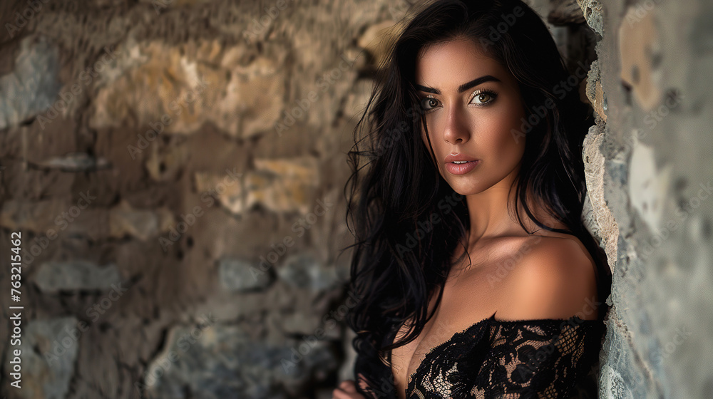 Fototapeta premium photoshoot of a brunette woman Full Body, with empty copy space, Glamorous,, cut stone wall background