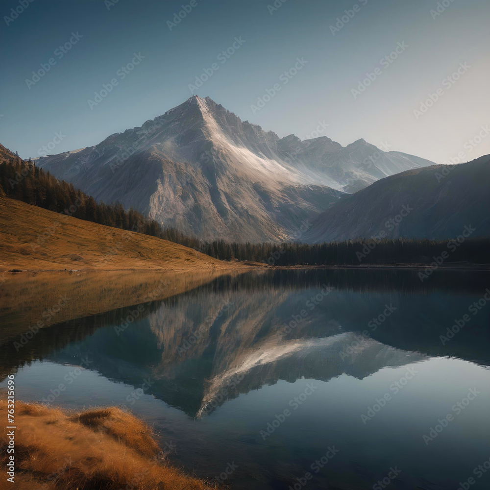 Amidst the mountains, a lake landscape with a clear reflection on the lake