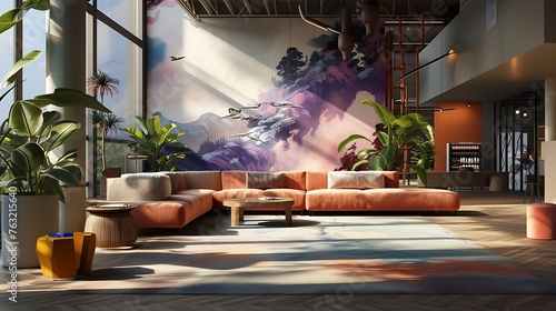 the power of AI to generate an imaginative illustration of a living space interior, featuring inviting couches and a mesmerizing wall mural that elevates the visual appeal of the room