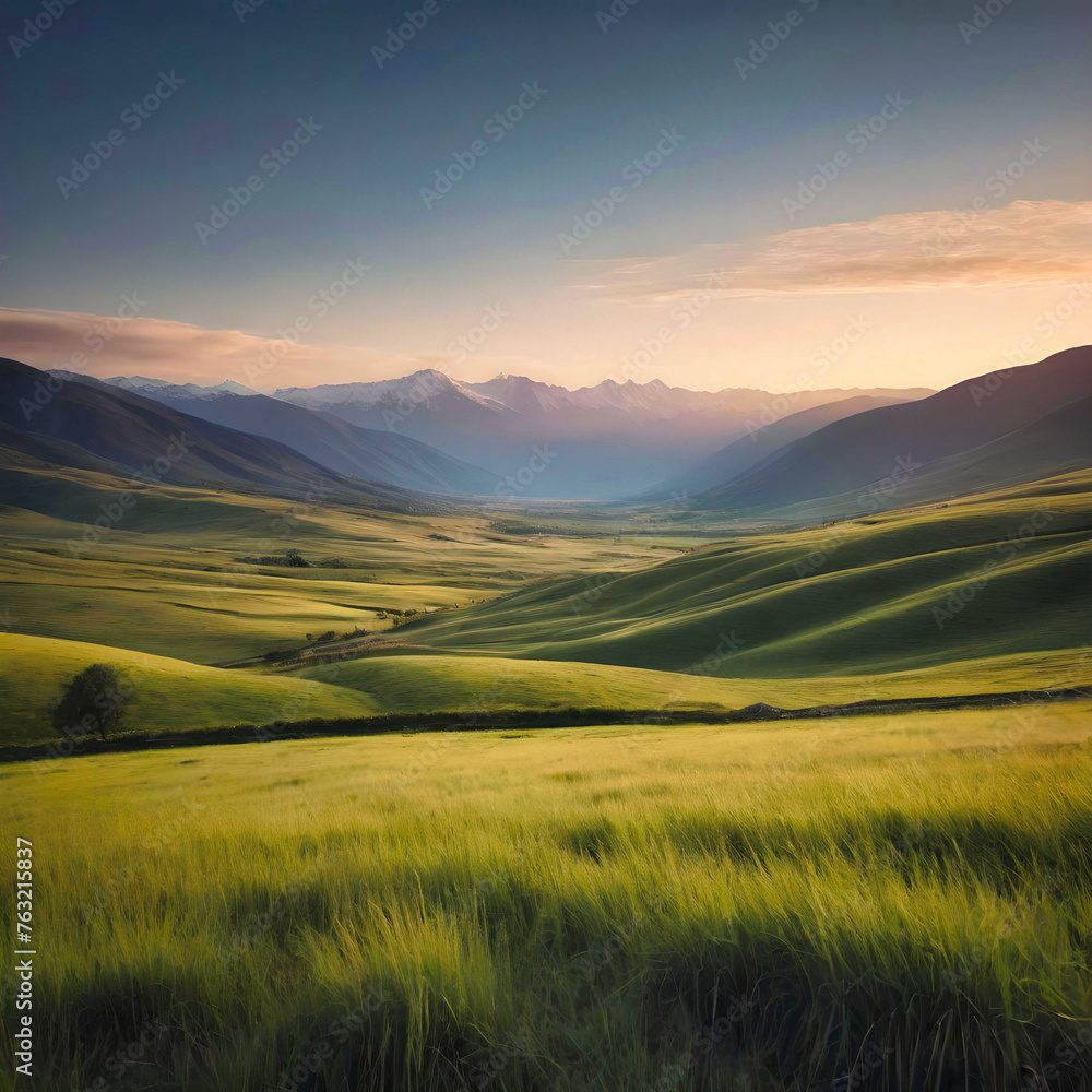 A landscape with endless grass fields and distant mountains