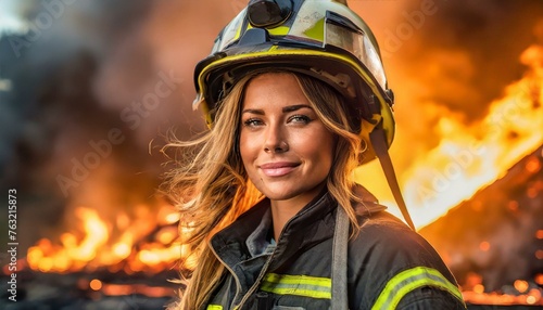 Portrait of a firefighter woman with helmet background fire