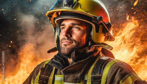 Portrait of a firefighter with helmet against fire background