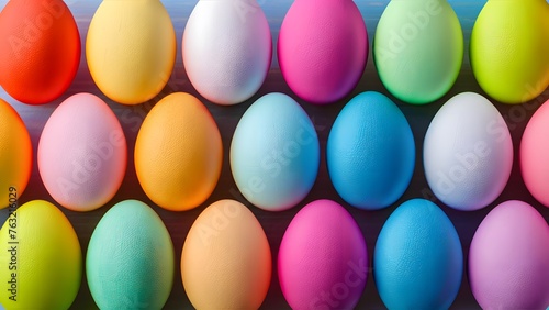 Brightly colored Easter Eggs arranged in a fun, festive pattern