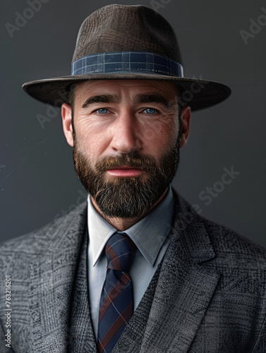 A portrait of a man with a beard, blue eyes, wearing a plaid hat and a grey textured suit with a tie