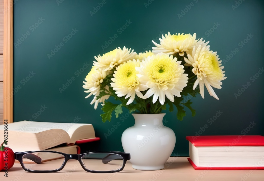 Books, glasses and bouquet of flowers on the teacher's desk, on the background of a chalkboard. Concept Teacher's Day, school, knowledge day.