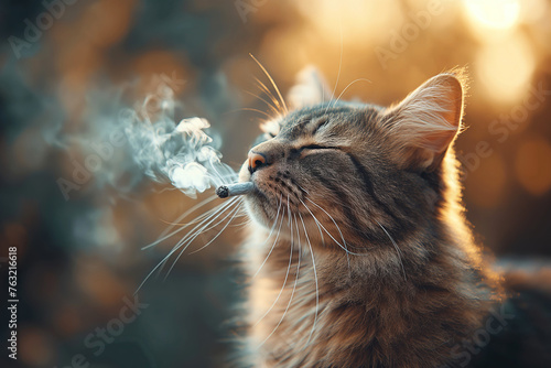 cat smokes joint marijuana cigarette with cannabis while relaxing outside
