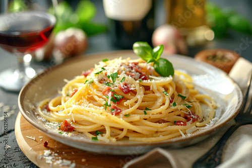 A classic spaghetti carbonara. Served with a glass of red wine.
