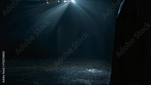 Ominous back view of a solitary figure wearing black robes standing in the darkness. Face unseen, identity unknown.  photo