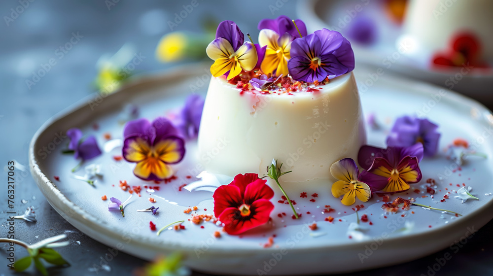 Vanilla panna cotta decorated with edible pansy flowers. Vanilla panna cotta decorated with edible pansy flowers.