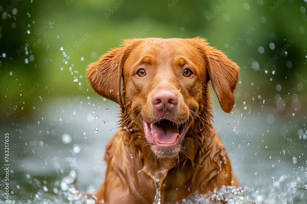 A brown dog is splashing in the water. The dog is brown and has a yellow eye. front view, close up of a brown dog is diving and playing in the water happily.