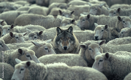 Deception Unveiled: Wolf Amidst the Flock. Wolf Souranded by Many Gray Sheep.