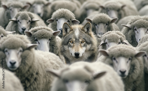 Deception Unveiled: Wolf Amidst the Flock. Wolf Souranded by Many Gray Sheep. photo