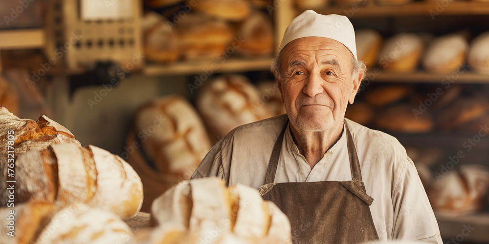 Elderly Professional Baker Smiling Proudly Inside Cozy Rustic Bakery Full of Fresh Bread Elderly Professional Baker Smiling Proudly Inside Cozy Rustic Bakery Full of Fresh Bread