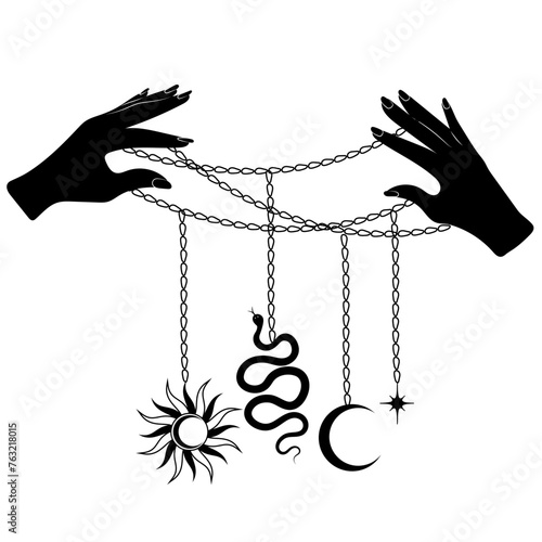 Hands with pendant with moon, sun, star, snake. Abstract symbol for cosmetics and packaging, jewelry, logo, tattoo. linear style. Esoteric