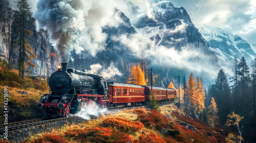 Vintage train journey through autumn mountainscape