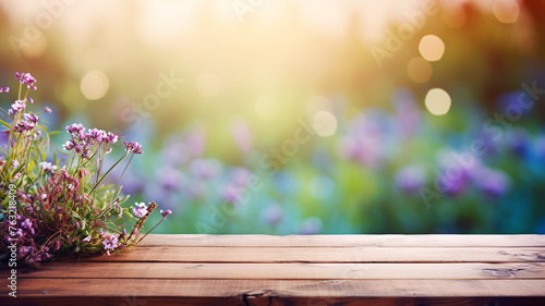 A wooden table against a spring flower meadow background © FATHOM