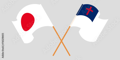 Crossed and waving flags of Japan and christianity