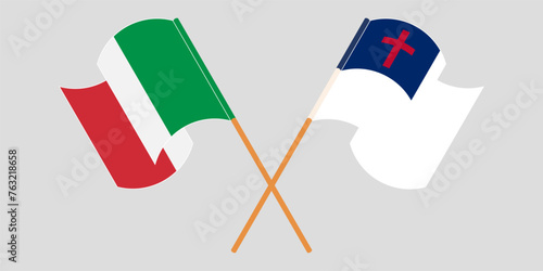 Crossed and waving flags of Italy and christianity