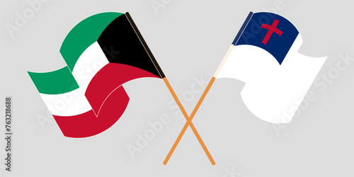 Crossed and waving flags of Kuwait and christianity