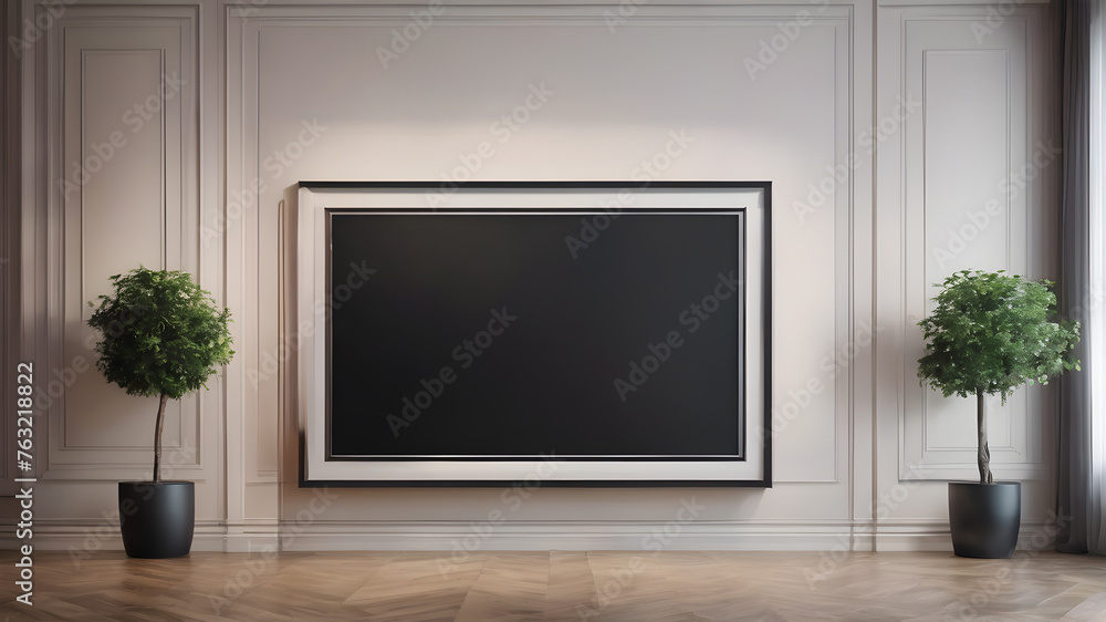 Artifical Intelligence generated image of interior with empty frame. Blank picture frame hanging on wall, AI generated image Artifical Intelligence generated image of interior with empty frame. Blank picture frame hanging on wall, AI generated image