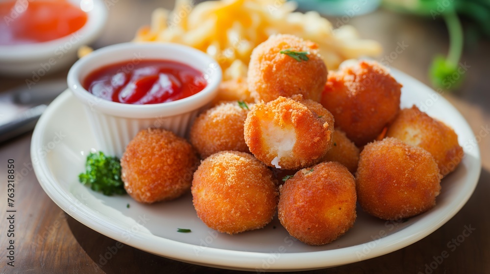 Potato croquettes, mashed potatoes balls breaded and deep fried on wooden table. Potato croquettes, mashed potatoes balls breaded and deep fried on wooden table.