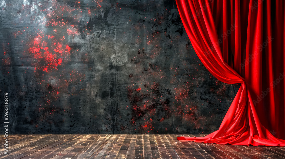 Dramatic red curtain on grunge stage background - obrazy, fototapety, plakaty 
