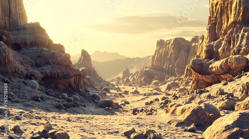 A canyon landscape with rocky formations creating converging lines, drawing the eye of a distant vanishing point